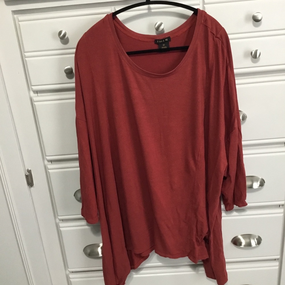 IMAN Deep Brick Red Gold Flecks Asymmetrical 3/4 Sleeve Top size 3X